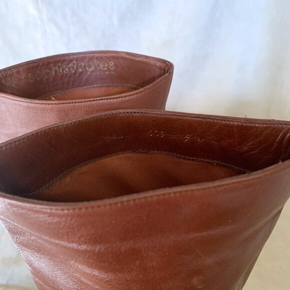 VINTAGE 1970s Sophisticates Brown Heeled Knee High Boots Women's Size 7 Pull On - Picture 9 of 10